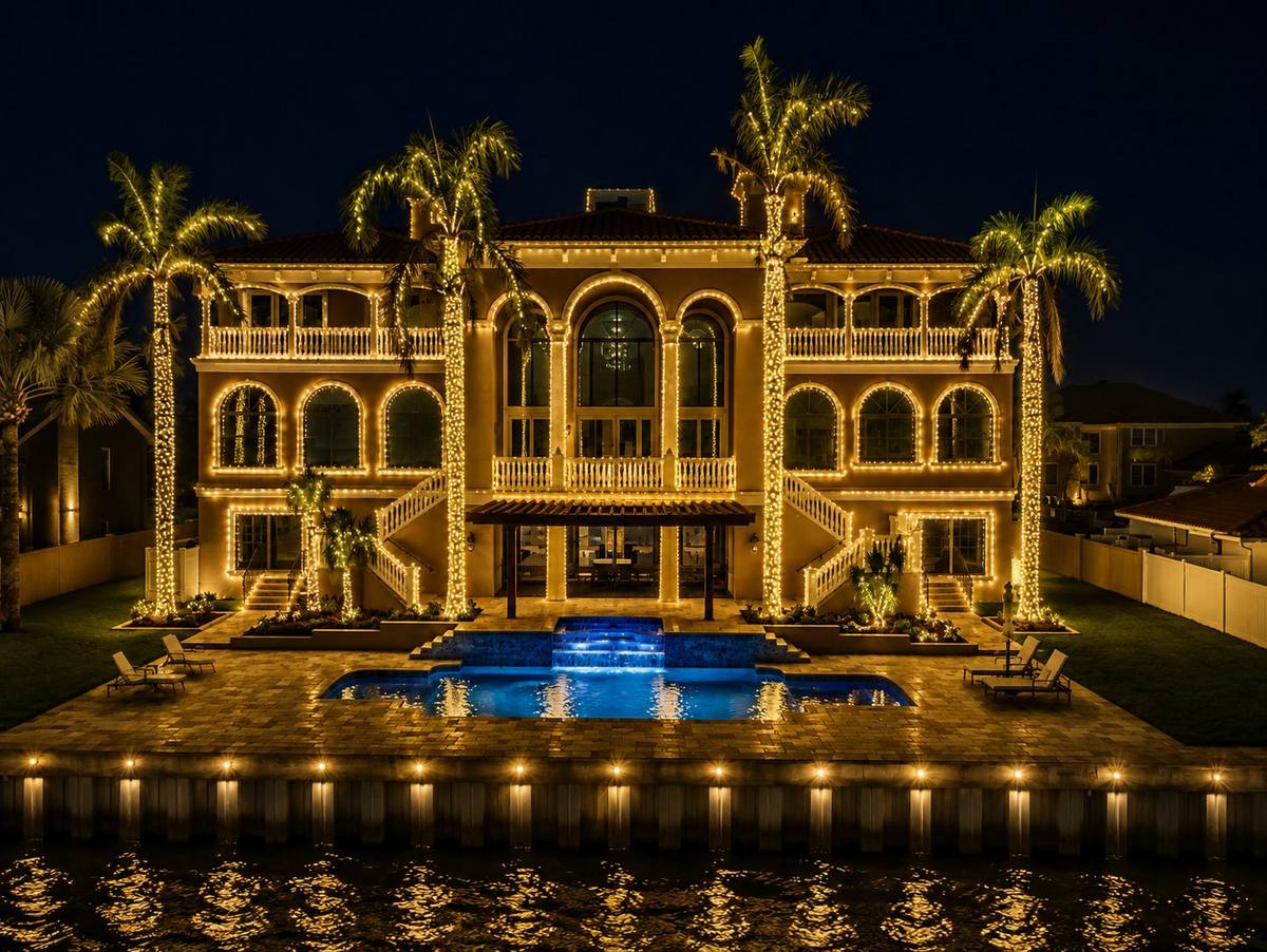 Waterfront estate with pool and wrapped palm trees fully outlined in warm white lights, Apollo Beach FL