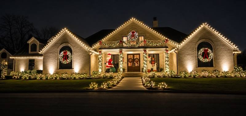 Brick home roofline and entry holiday lighting with wreaths and garland, Brandon FL
