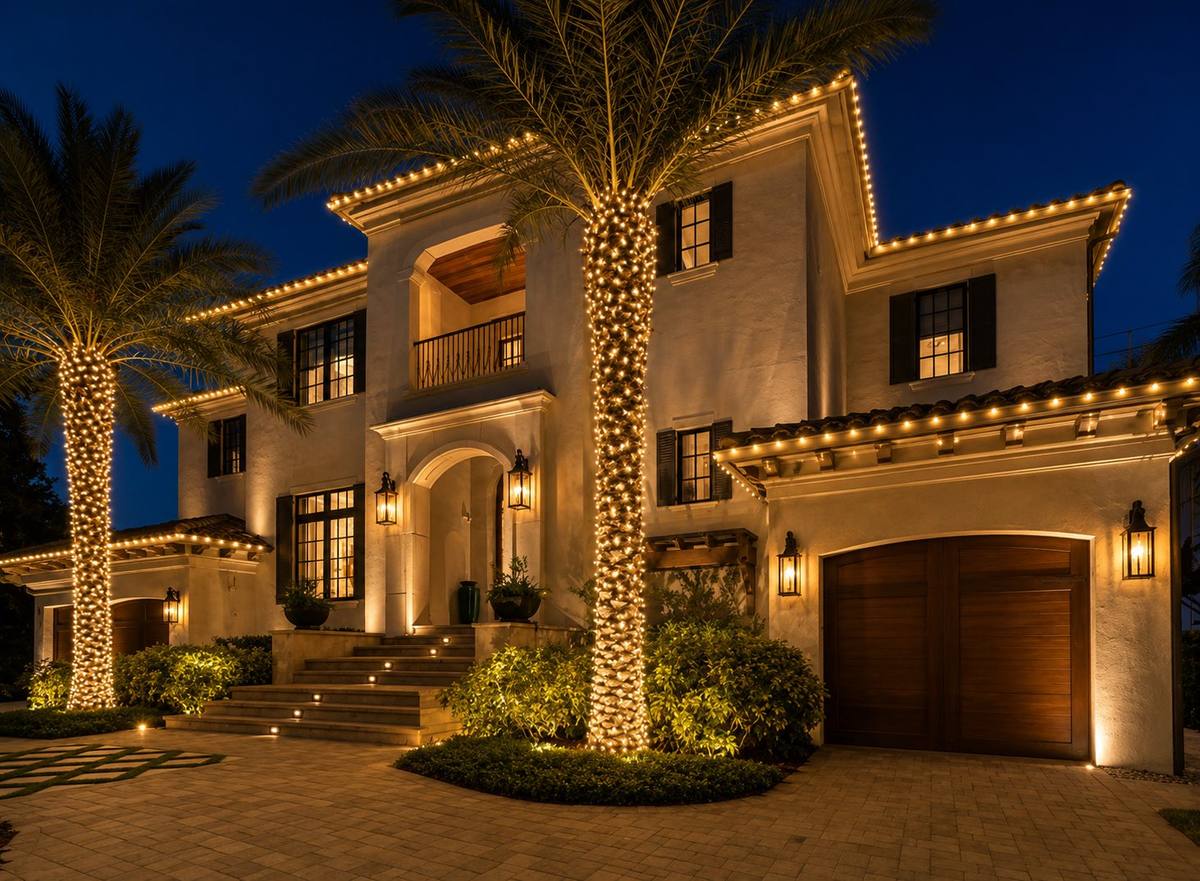 Mediterranean-style home with wrapped palm trees and roofline lighting at dusk, Clearwater FL