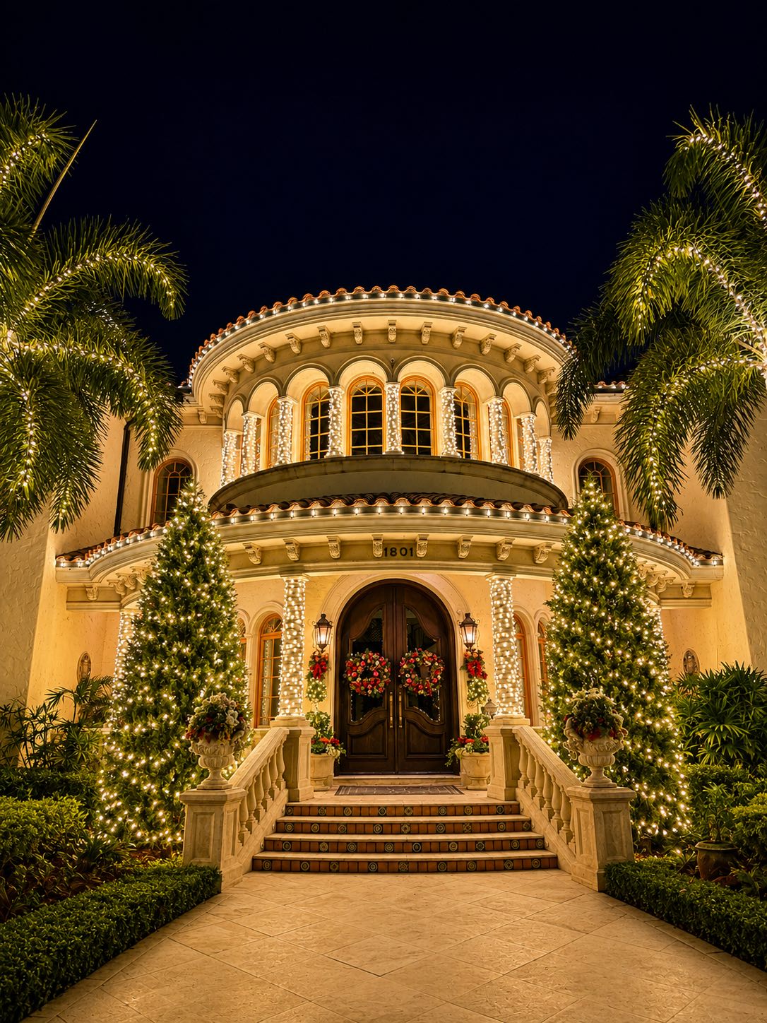 Grand entryway wrapped in warm white lights with wreaths on the doors