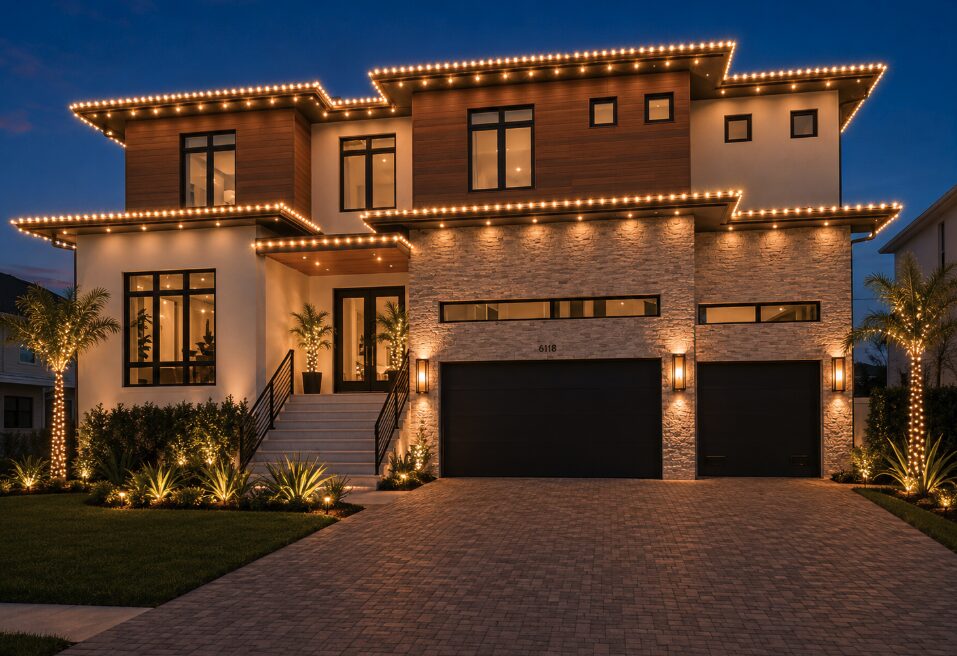 Modern flat-roof home outlined in warm white C9 lights with uplit palm trees — Tampa
