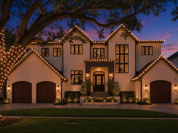 Brick estate with a grand oak tree wrapped in warm white lights — Davis Islands, Tampa