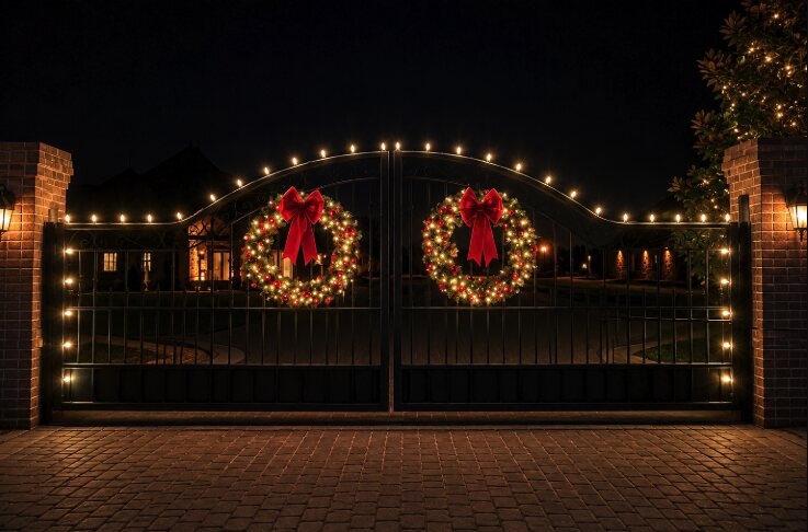 Estate entry gate traced in warm white lights with twin lit wreaths and red bows