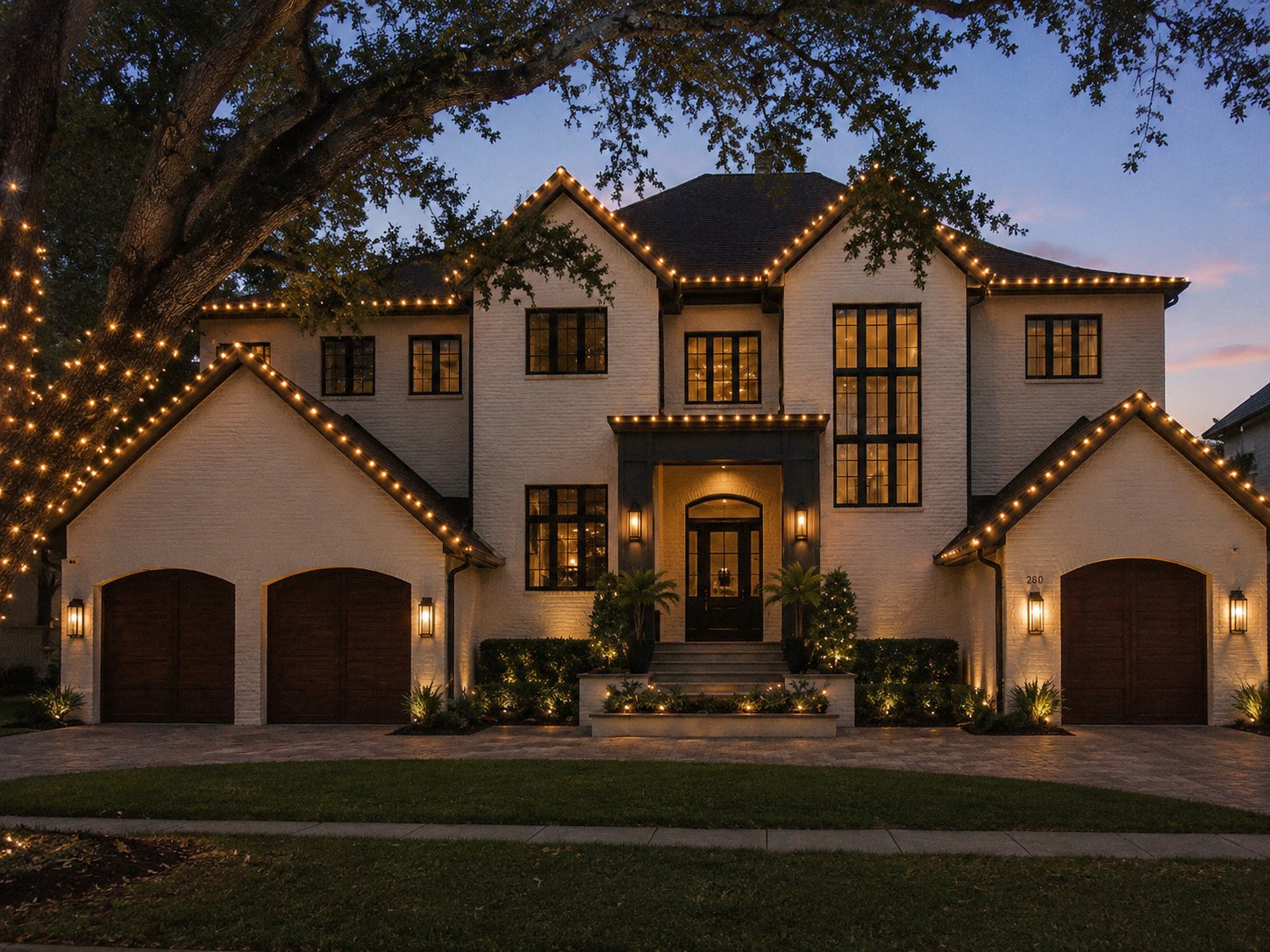 Brick estate under a grand oak tree, roofline fully traced in warm white lights at dusk