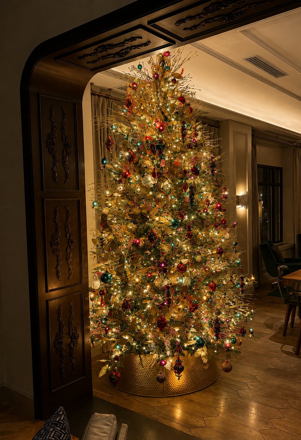 Gold leaf Christmas tree with jewel-tone ornaments framed by a carved wood archway, styled by Light the Lights