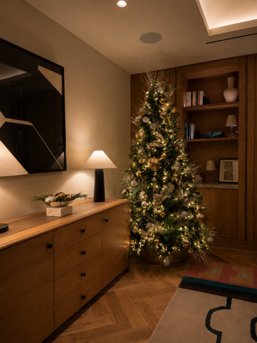 Christmas tree with gold and silver ornaments beside a built-in bookshelf, styled by Light the Lights