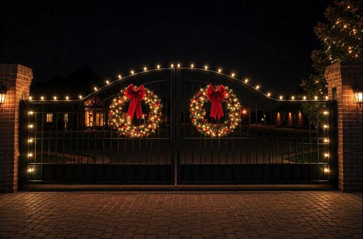Estate entry gate wrapped in holiday lighting with lit wreaths, Lutz FL