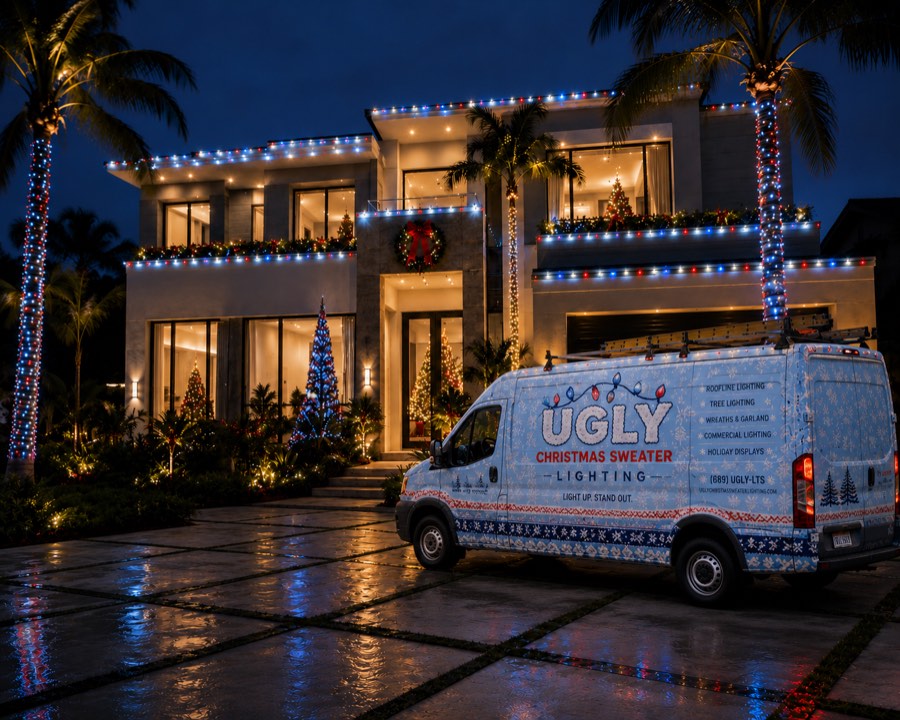 Permanent LED roofline trim lighting on modern home with palm trees — Tampa Bay