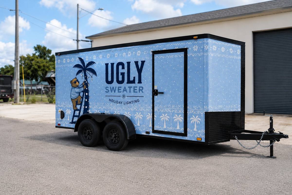 Ugly Sweater Holiday Lighting trailer used for seasonal takedown and storage