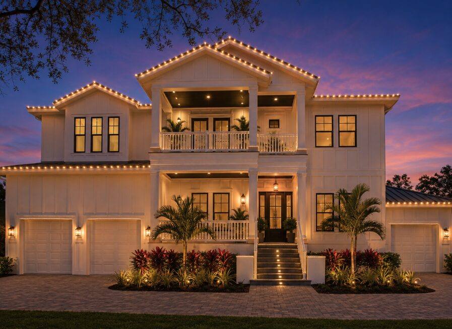 Two-story coastal-style holiday lighting display at sunset, Riverview FL