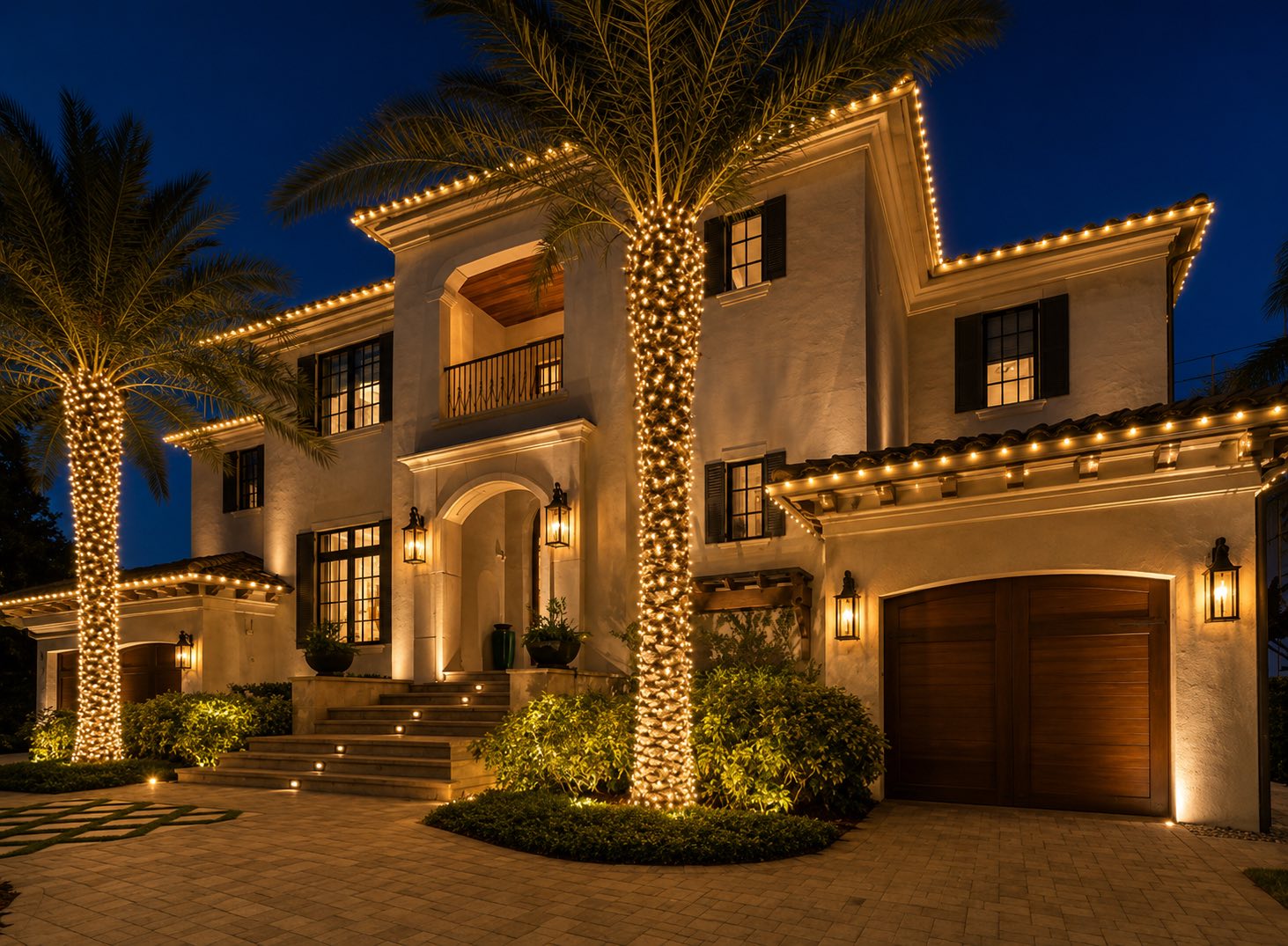 Warm white roofline and palm tree lighting on a Tampa home