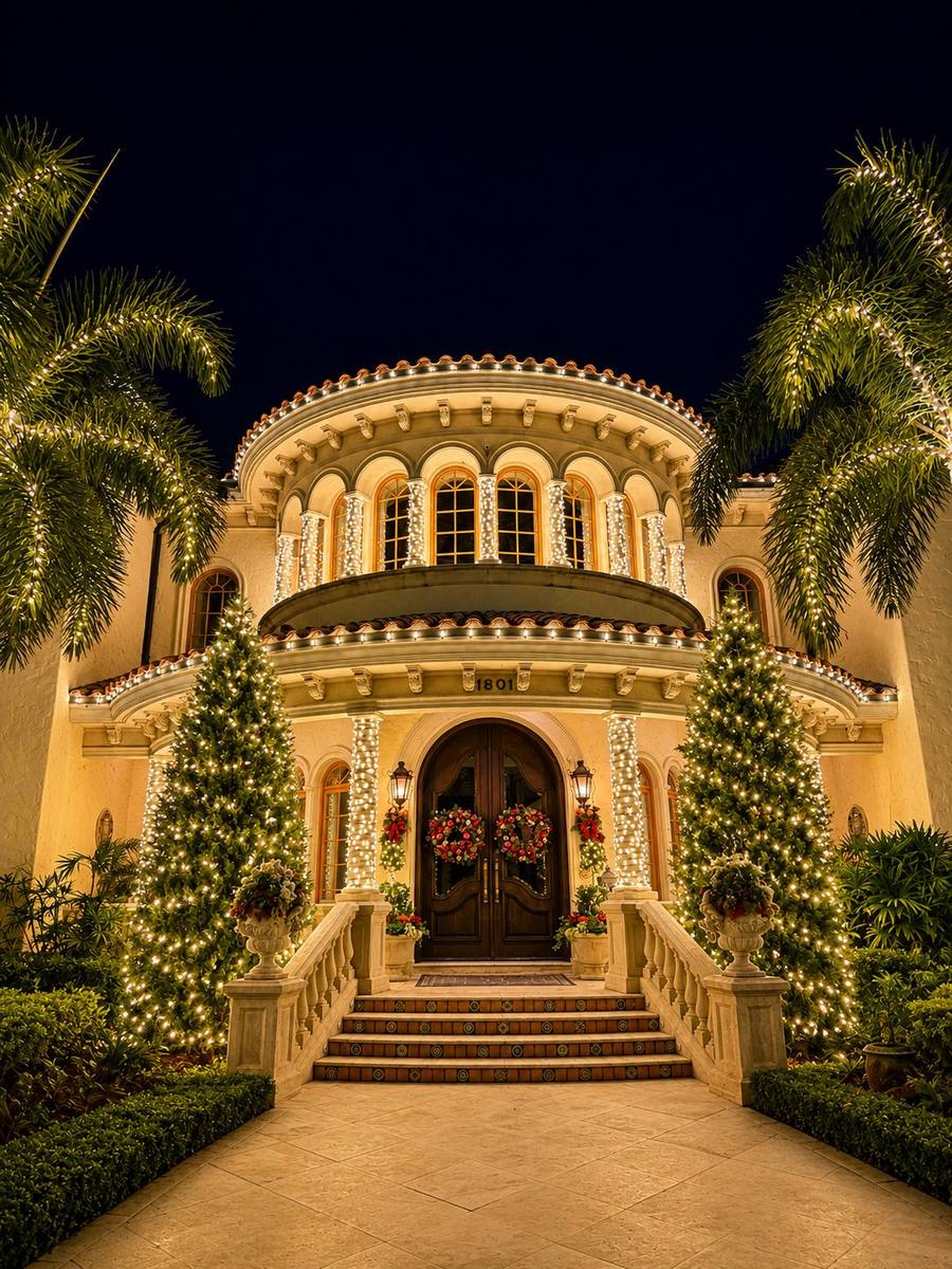 Grand palm-flanked holiday entrance wrapped in warm white lights, Tampa FL